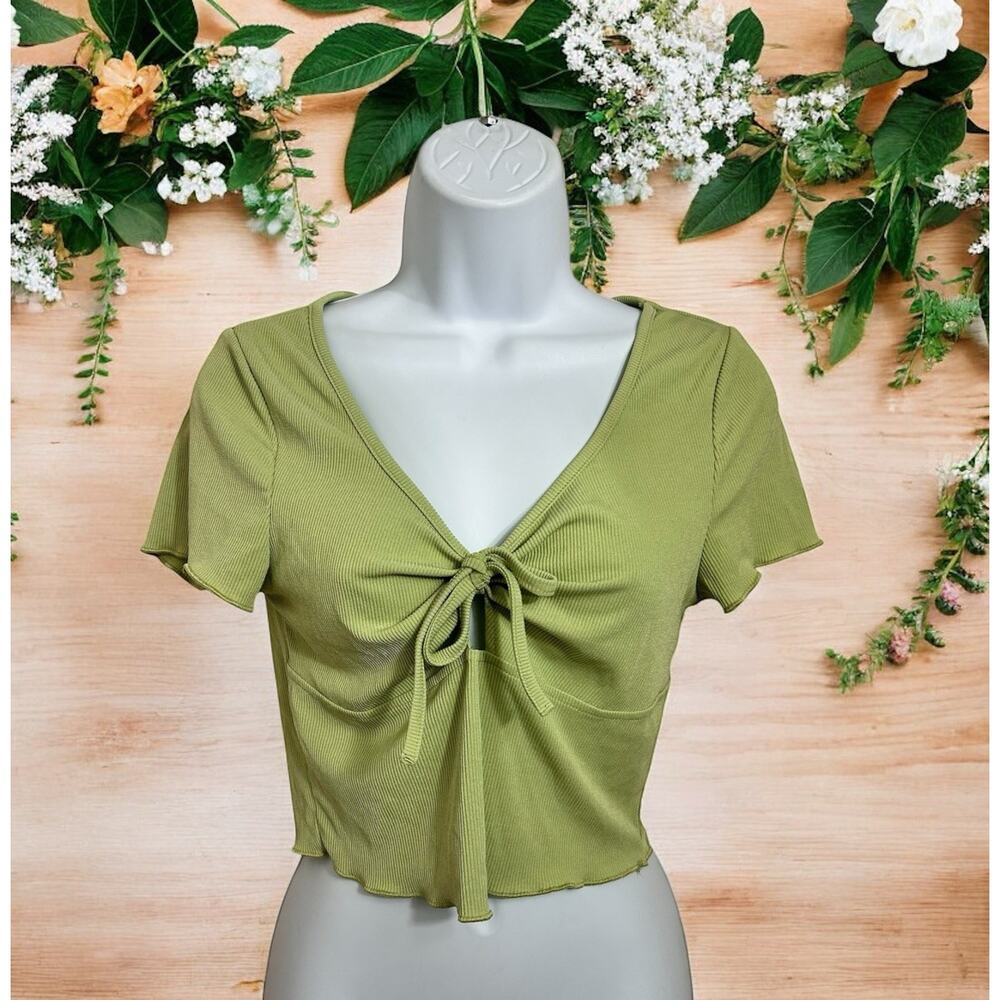 Shein Green Ribbed Crop Blouse Sz Large V-Neck Short Sleeve Top Retro Stretch